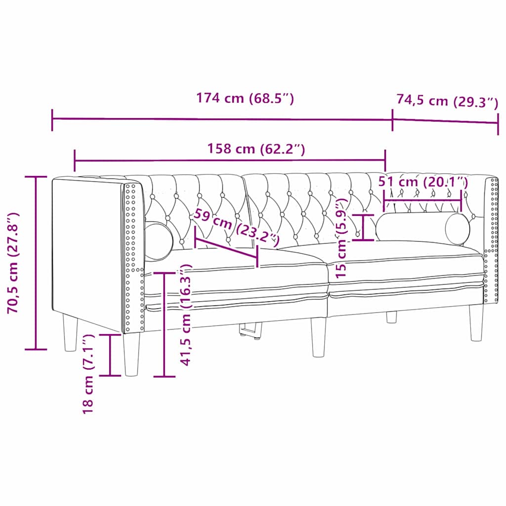 Chesterfield Sofa Other Black 174 x 74.5 x 70.5 cm Velvet